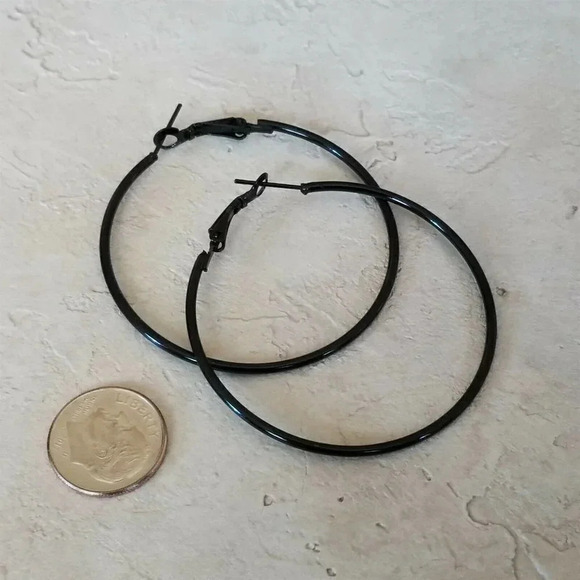 Black Large Sleek Plain Hoop Earrings 50mm 2" Leverback Minimalist Classic - Picture 6 of 7